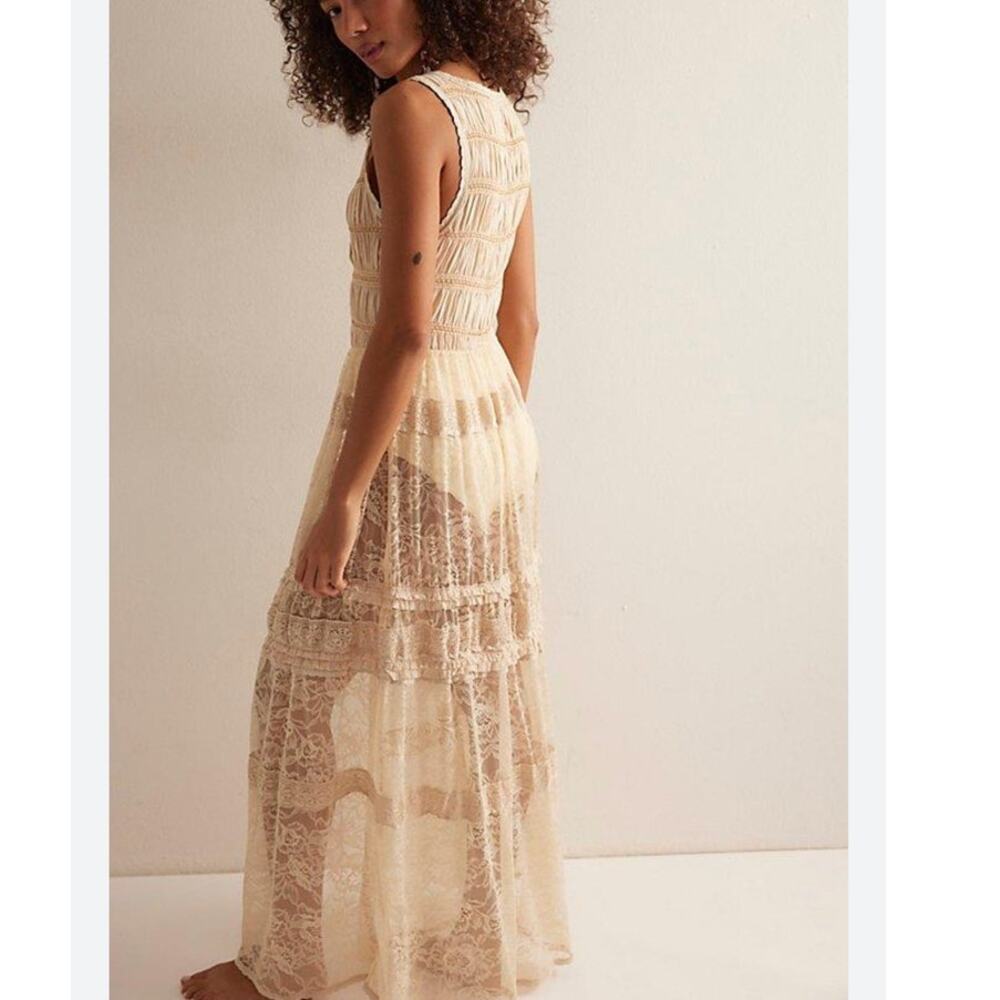 Free People Sweet Saloon Maxi Bodysuit Dress Lace Sheer Ruffle Smocking M NWT